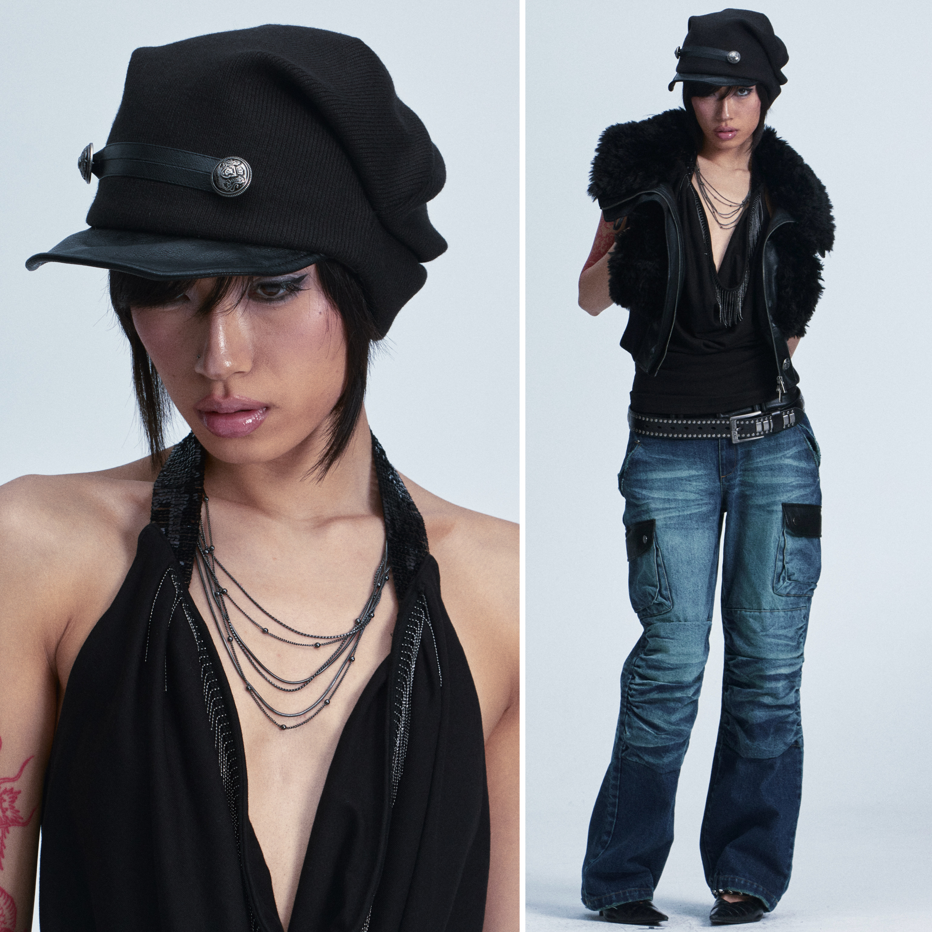 NONAME SPACE复古针织拼皮随意造型百搭堆堆帽