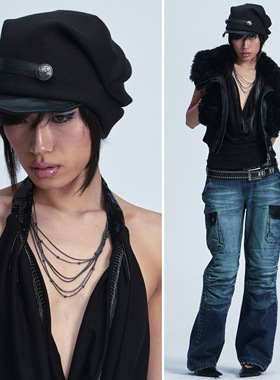 NONAME SPACE复古针织拼皮随意造型百搭堆堆帽