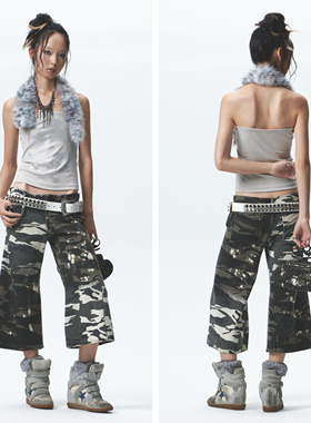 NONAME SPACE无弹微宽松重工水洗磨破做旧低腰喇叭七分休闲裤