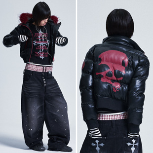 NONAME 可拆卸拼皮撞色软pu皮毛领棉服外套 SPACE面料升级加厚