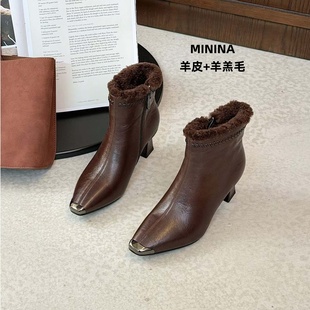 羊皮加绒时装短靴女5厘米马蹄跟气质时尚法式羊毛广州高级棉靴冬