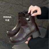 纯皮马丁靴女时尚 拼接小众2025广州4厘米方跟高端可爱短靴单靴秋