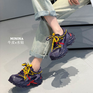 纯皮单网面水钻老爹鞋女透气轻便软底舒适薄款广州休闲运动鞋夏潮