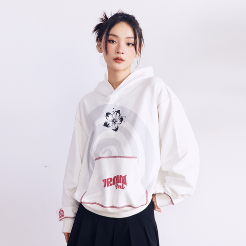漩涡撞色发泡连帽卫衣女