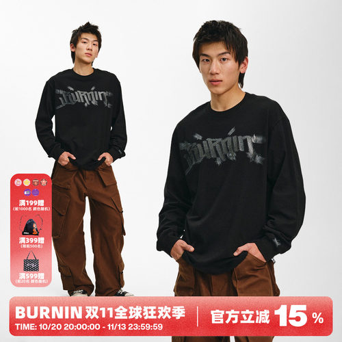 BURNIN*横排logo闪光火苗烫钻长袖T恤纯棉宽松2026年新款圆领上衣