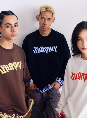 BURNIN*前胸横排LOGO定织火纹罗纹无帽卫衣圆领上衣秋季