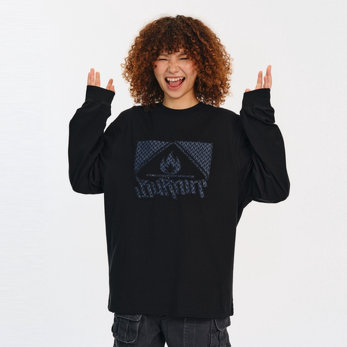 BURNIN*方片LOGO牛仔贴布绣长袖T恤男女秋冬潮流休闲宽松上衣百搭