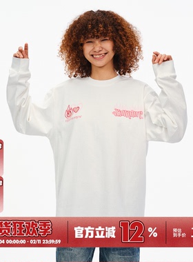 BURNIN*爱心格纹贴布长袖T恤男女秋冬休闲情侣同款基础打底衫上衣