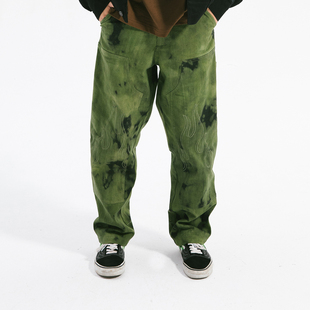 刺绣重磅青春宽松直筒国潮流行下装 火焰暗纹扎染休闲长裤 BURNIN