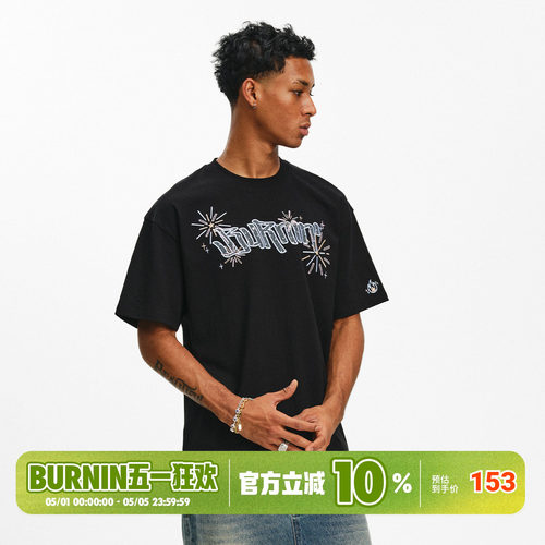 BURNIN* 烟花刺绣蕾丝贴布短袖T恤休闲风纯棉宽松圆领男女同款夏