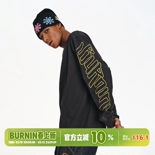 BURNIN*小火苗横排袖标logo长袖T恤男基础圆领休闲宽松上衣百搭潮