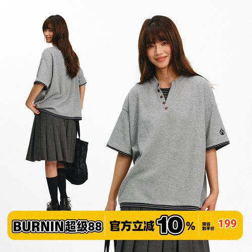 BURNIN*华夫格假两件享利领短袖POLOT恤休闲宽松夏季潮流上衣