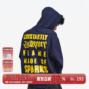 BURNIN*横排logo磨损slogan连帽卫衣男秋季美式街头休闲宽松帽衫