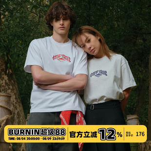 BURNIN*地下宫殿刺绣短袖T恤男女白色经典基础圆领体恤衫圆领上衣