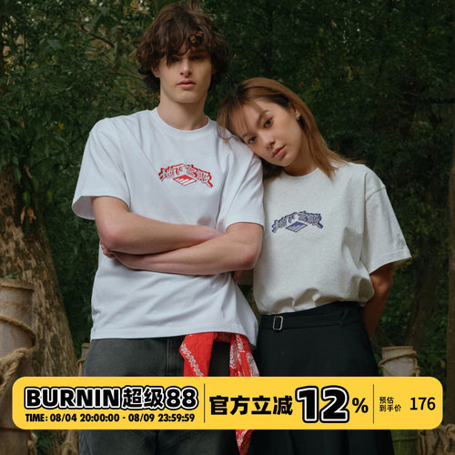 BURNIN*地下宫殿刺绣短袖T恤男女白色经典基础圆领体恤衫圆领上衣