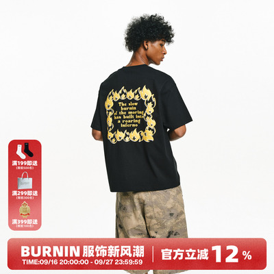 BURNIN*「Good Morning」发泡印花短袖T恤男女圆领校园情侣体恤衫