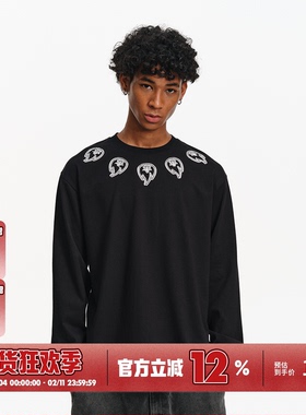 BURNIN*小火苗项链贴布绣长袖男美式街头休闲宽松圆领T恤上衣百搭
