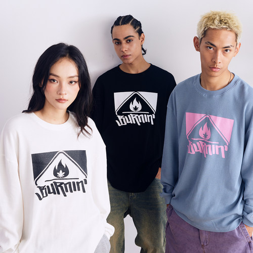 BURNIN*方片LOGO华夫格长袖T恤