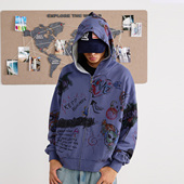 男美式 BURNIN 「条条大路通自由」满印涂鸦拉链帽衫 街头卫衣外套