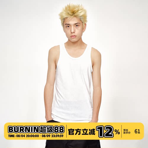 BURNIN宽松纯棉刺绣休闲圆领背心