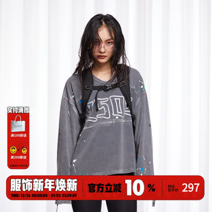 上衣秋 T恤男宽松情侣装 BURNIN 「2503」v领泼墨复古做旧洗水长袖