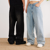 男阔腿宽松直筒长裤 BURNIN 火焰烧花洗褪牛仔裤 百搭