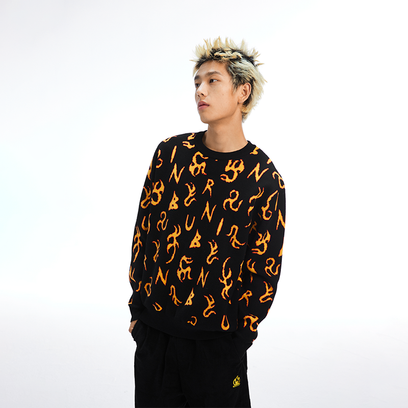 满印火纹毛衣针织衫上衣