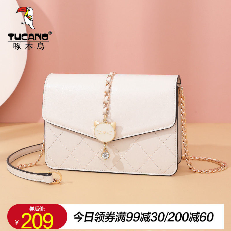 啄木鸟官方正品夏季白色包包女2021新款可爱百搭斜挎小方包链条包