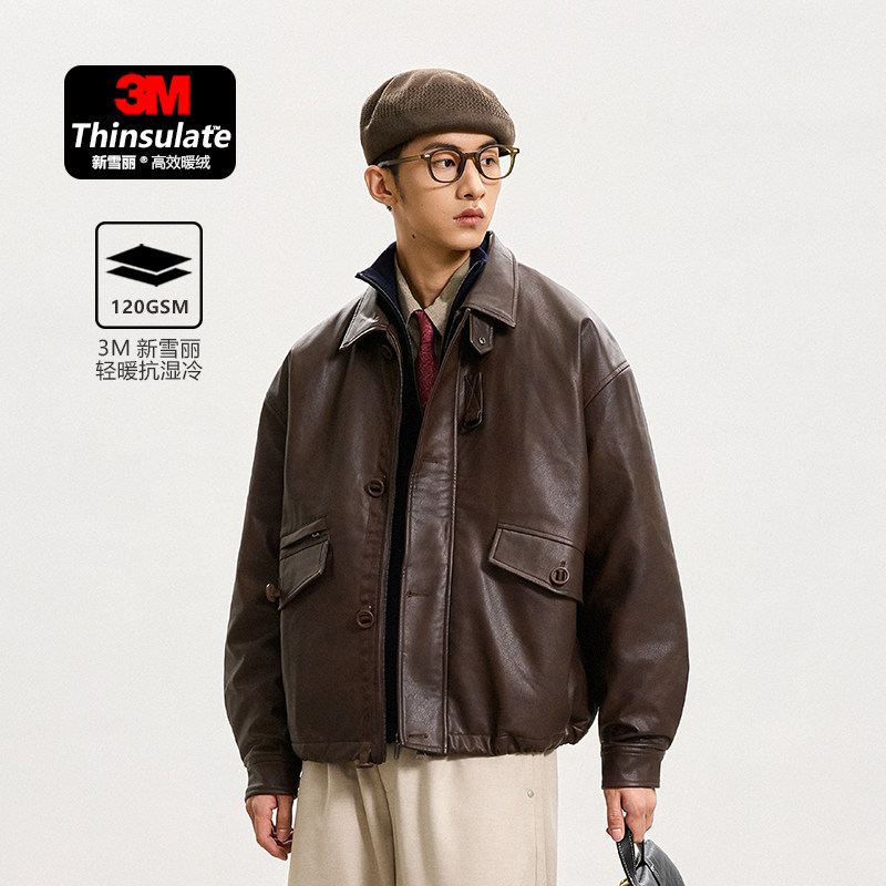WEDENBORG复古MK3翻领短款夹克男秋冬多口袋3M新雪丽G型PU皮棉衣