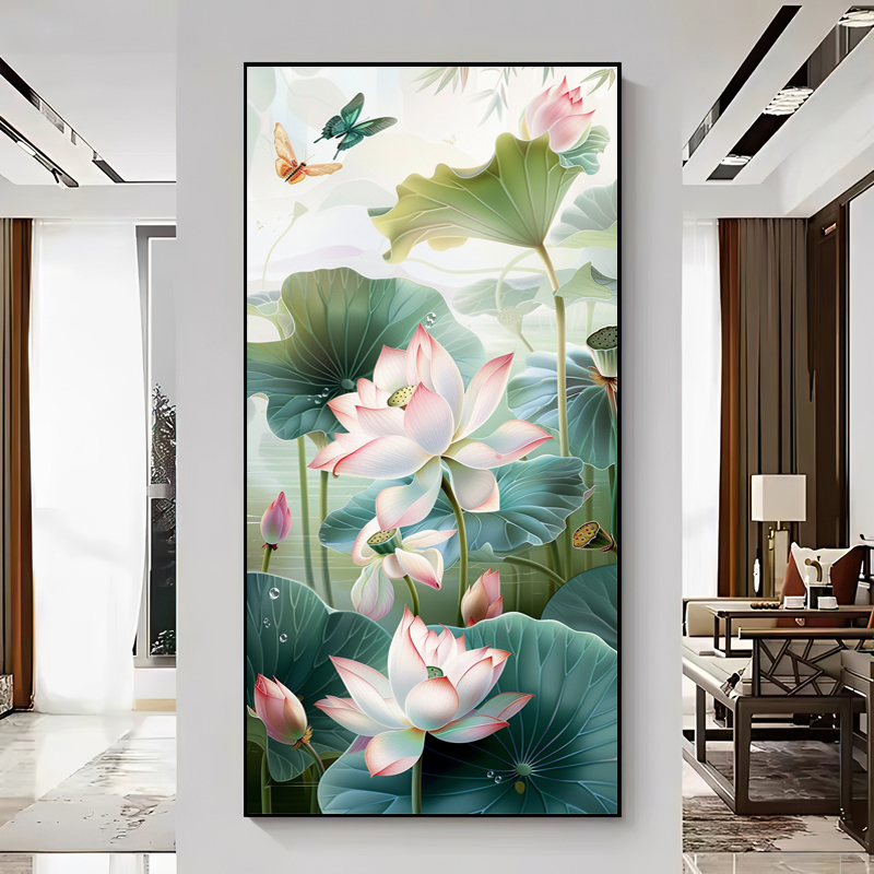 数字油画diy客厅新中式荷花沙发大尺寸现代简约卧室玄画关装饰画图片
