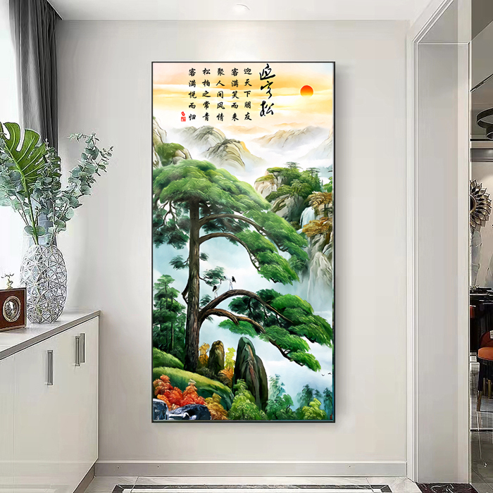 diy数字油画迎客松客厅装饰画风景新中式大幅玄关手绘挂画山水
