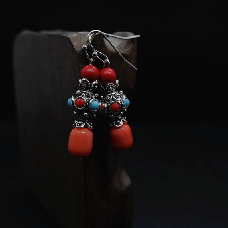 蒙古元素新中式藏银合金琉璃耳饰