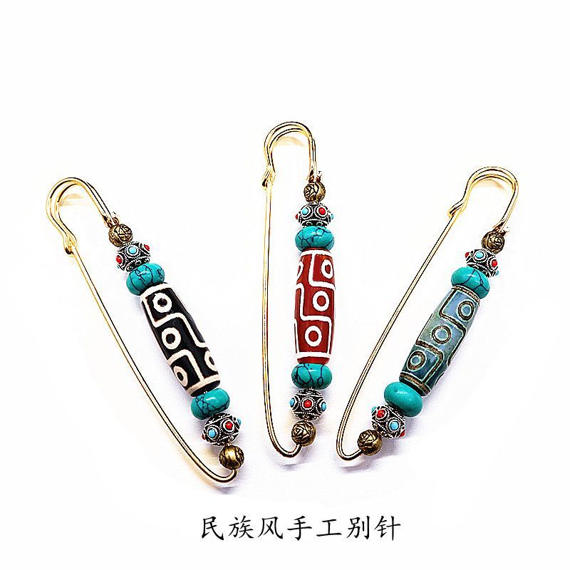 藏式玛瑙天珠手工大别针复古民族风男女开衫披肩装饰胸针胸花