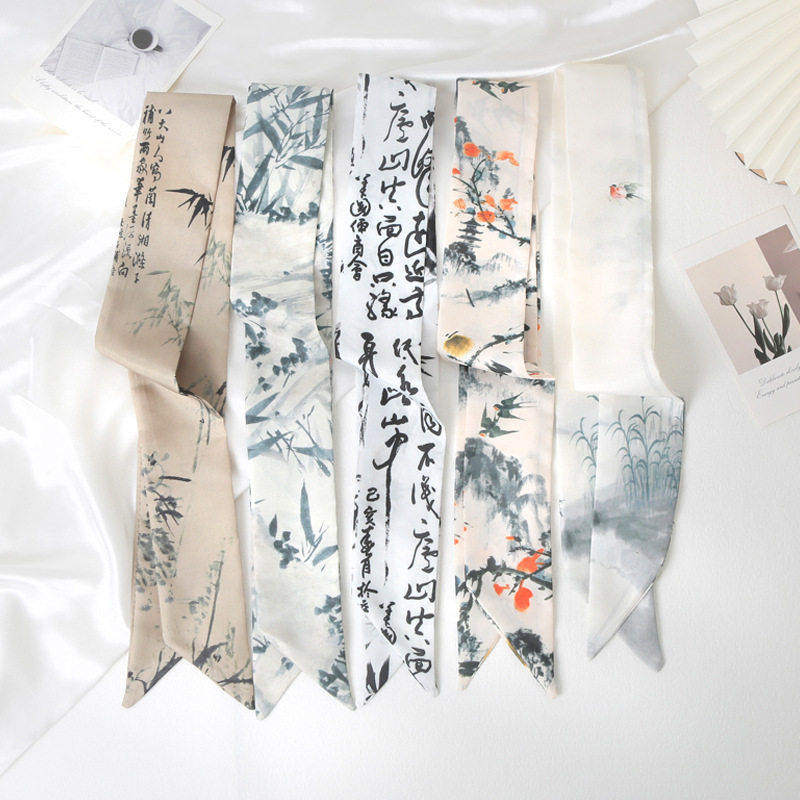 新款墨竹白鹤新中式古风发带中国风水墨画飘带气质绑包袋长条丝巾