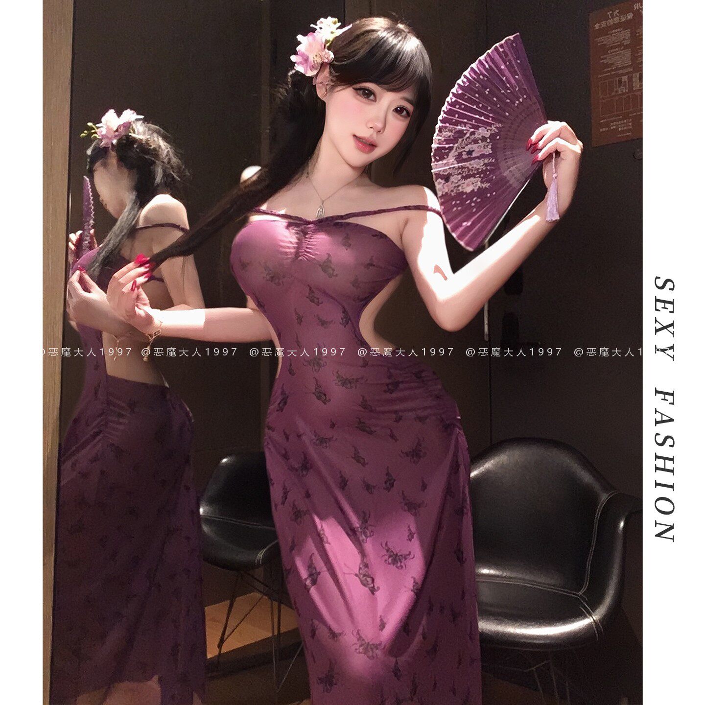 恶魔大人情趣性感旗袍印花抹胸露腰睡裙柔纱透视弹力紧身长裙诱惑