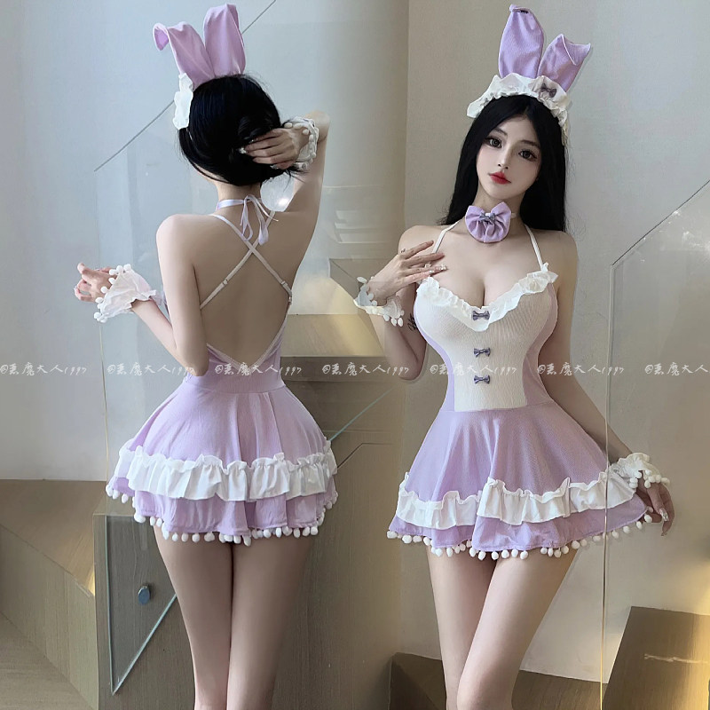 恶魔大人情趣性感深V吊带小女佣诱惑角色扮演纯欲紫色兔女郎制服