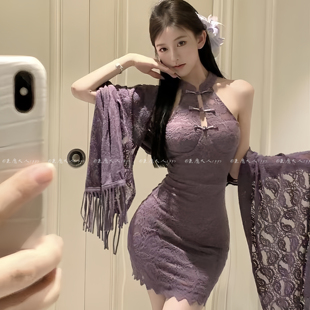 恶魔大人情趣性感紫色蕾丝旗袍裙纯欲风制服紧身显瘦包臀裙睡衣女