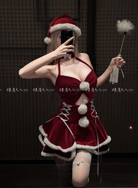 性感韩国绒红色吊带连衣裙制服女