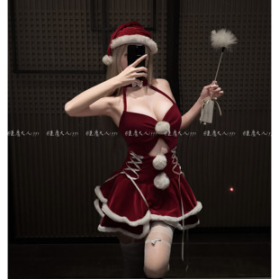 恶魔大人性感韩国绒红色吊带连衣裙COS圣诞装 纯欲挂脖****制服女