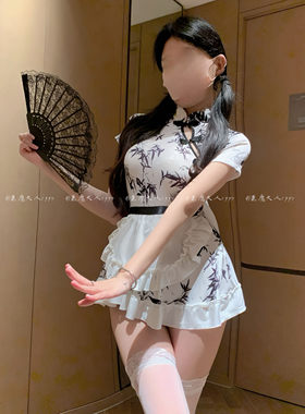 情趣新中式印花旗袍短裙褶皱睡裙