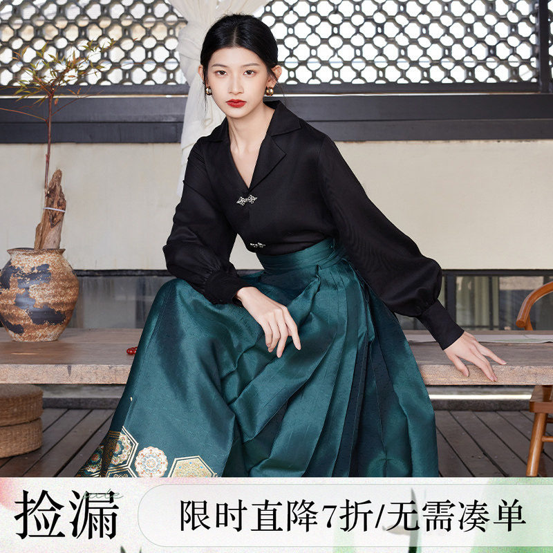 听旬浪淘沙春季新款汉服女原创国风一片式改良马面裙日常显瘦衬衫