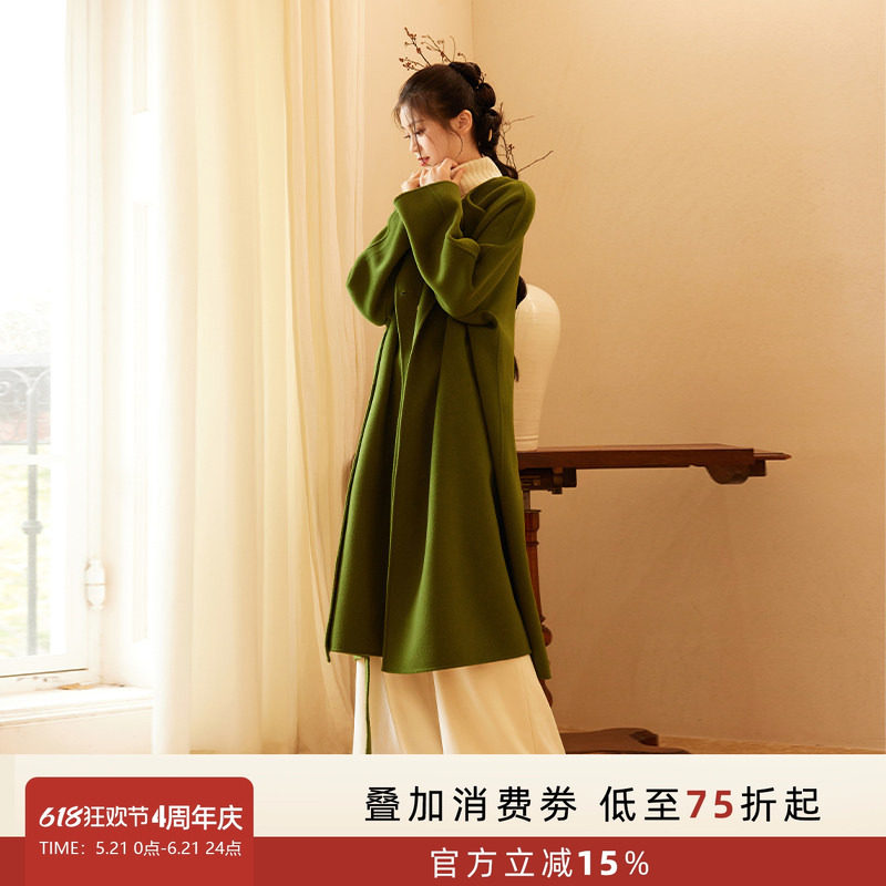 听旬不知雪秋冬新品汉服女改良唐圆领茧型阔版纯羊毛大衣长款外套