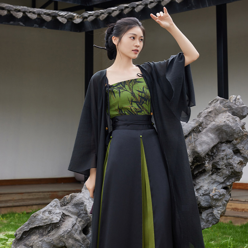 听旬蝉鸣夏汉服女香云纱背心搭不规则长衫宋制改良四破三裥裙套装
