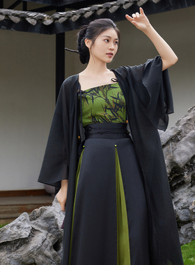 听旬蝉鸣夏汉服女香云纱背心搭不规则长衫宋制改良四破三裥裙套装