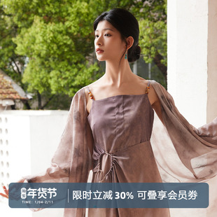 听旬清平乐汉服女原创改良外衫防晒国风长款吊带印花连衣裙套装夏