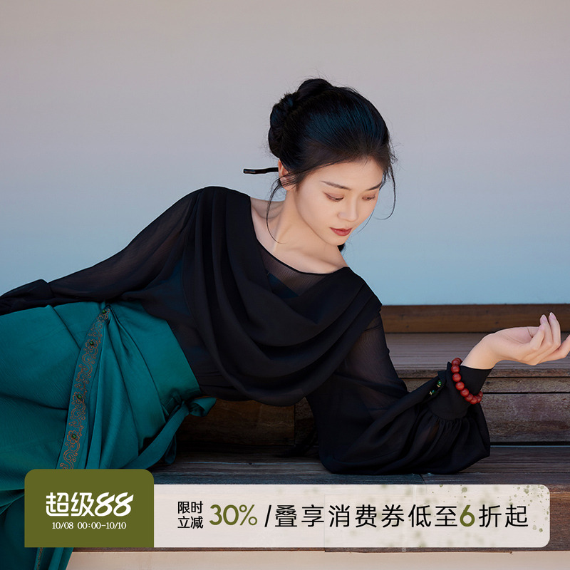 听旬汉服不规则荡领衬衫改良旋裙