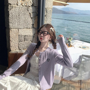 麻花针织开衫女2025新款软糯春秋刺绣爱心外穿紫色毛衣外套早秋