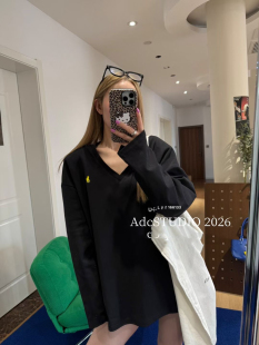 垫肩图案刺绣宽松简约百搭V领长袖 韩版 T恤女潮 新款 十三行2026春季