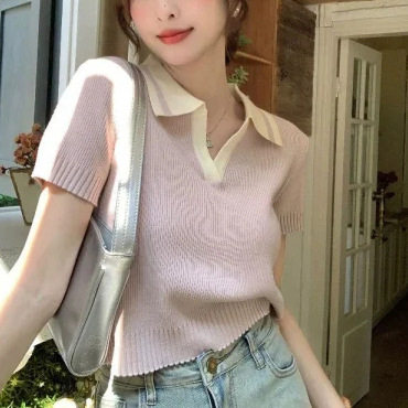 女士撞色领针织短款上衣