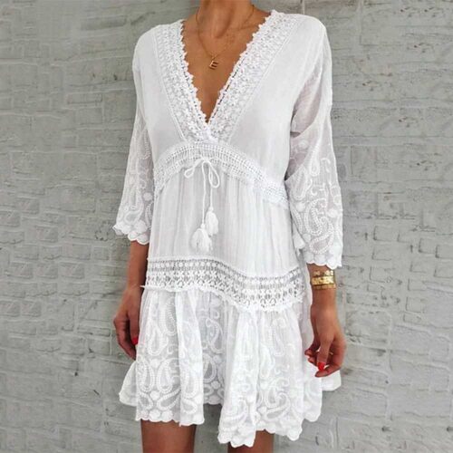 V-neck printed three-quarter sleeve cutout sexy dress 连衣裙